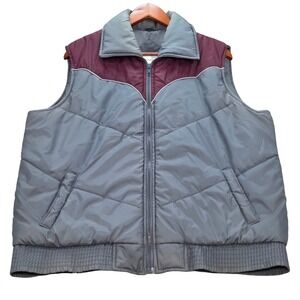 VTG Windbreaker XL Puffer Vest‎ Gray Burgundy Retro Padded Sleeveless Jacket